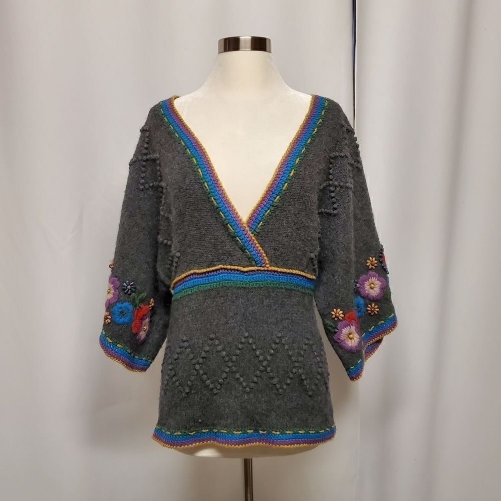 Vintage 70s‎ Boho Wool Angora Rabbit Blend Floral Beaded Embroidered Sweater Lg